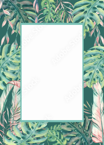 Watercolor Tropical Leaves Frame. Illustration with green palm leaves and leaves monstera. Tropical plants for decor, postcard, invitation. Abstract background for save the date, wedding ceremony