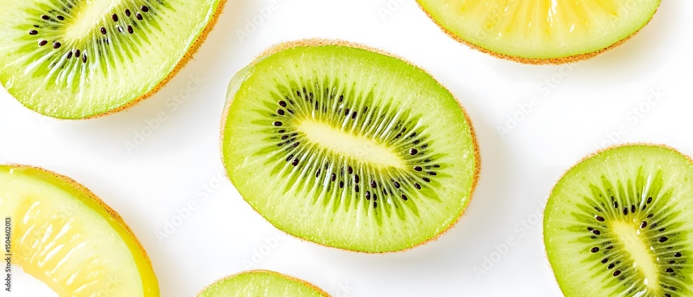 Fototapeta premium Fresh Kiwi Fruit Slices White Background Pattern