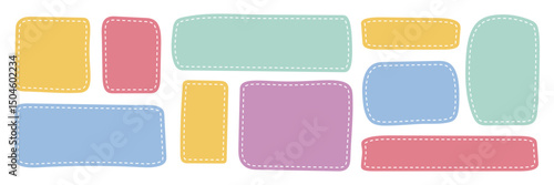 Cute hand Drawn text box set with stitched border. Doodle Irregular rectangular Frames in pastel colors. Great for scrapbook, kids designs, creative planners, stickers, packaging, DIY projects