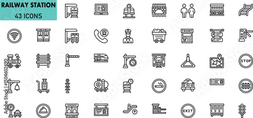 Railway Station Icon Set. 43 Train, Ticket, Transport, Platform Vector Symbols