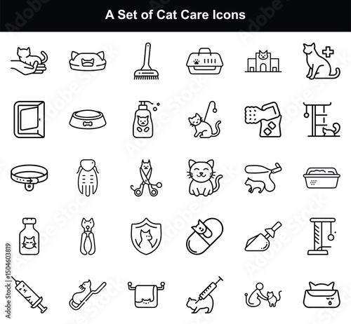 Black Outline Cat Care Icons Set. Veterinary, Hygiene, Accessories, Supply