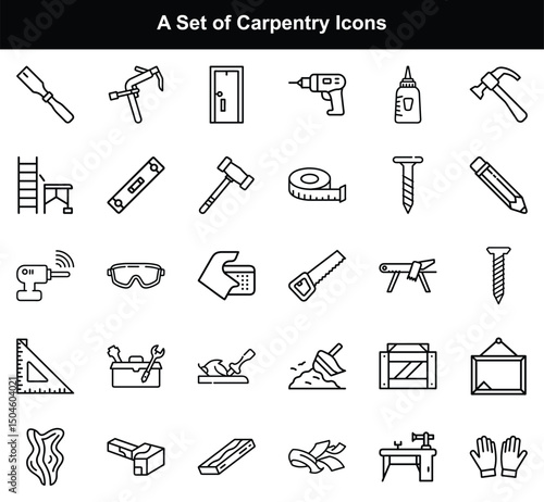 Line Icon Collection Featuring Carpentry Tools on Transparent Background