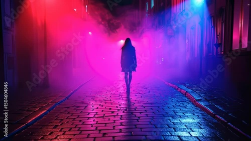 Mysterious woman walking down a neon-lit street at night with smoke