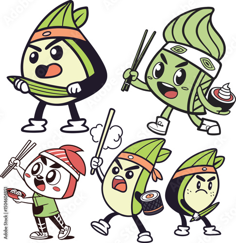 A fun wasabi vector illustration set of funny cartoon characters, perfect for kids and family
