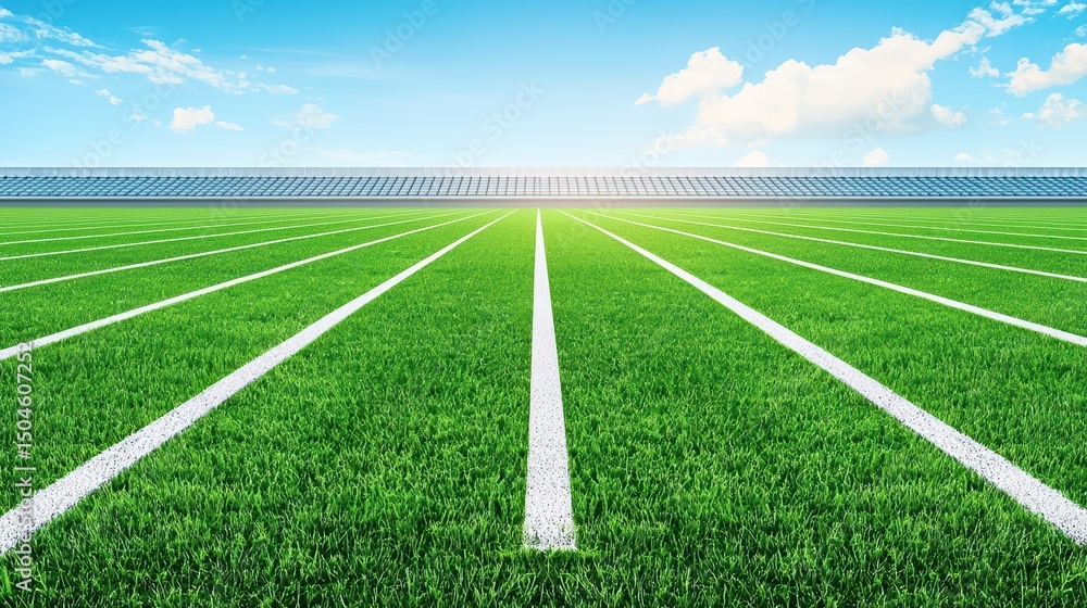 Fototapeta premium Green Turf Field with White Lines Under a Bright Blue Sky and White Clouds in a Sports Stadium