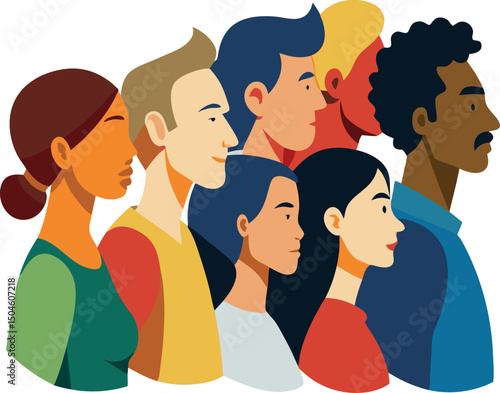 Group diversity silhouette multiethnic people from the side. white background 