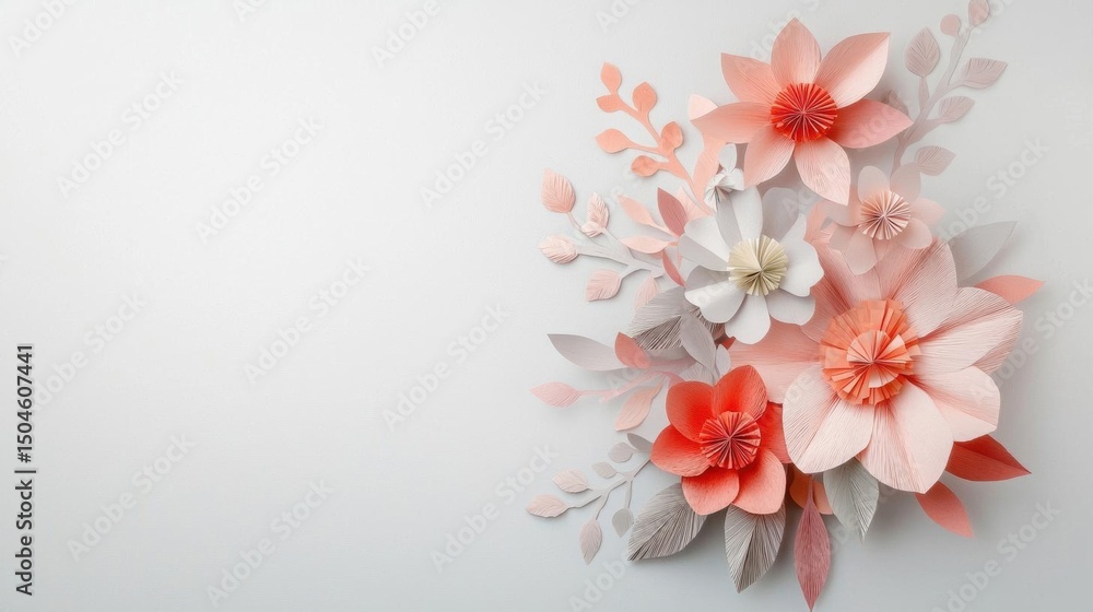 Flat lay of a bunch of paper flowers on a white background. Flat lay of a bunch of paper flowers on a white background.