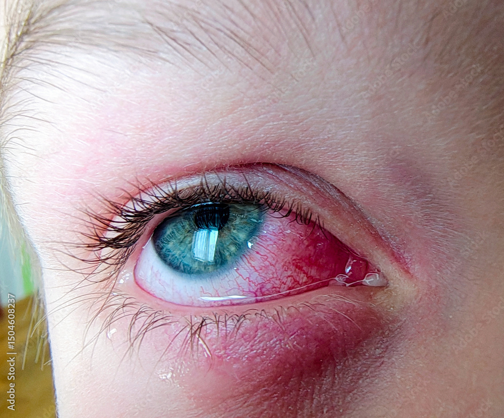 Obraz premium Close-up of irritated blue eye with redness and swelling. Eye infection or allergic reaction. Allergies and seasonal illness, timely access to medical treatment. Child health and digital eye strain