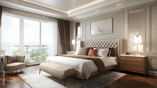 Elegant modern bedroom with a large window, showcasing a serene view and stylish furnishings