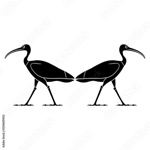 Symmetrical ethnic animal design with two standing ibises. Ancient Egyptian sacred bird. Black and white linear silhouette.