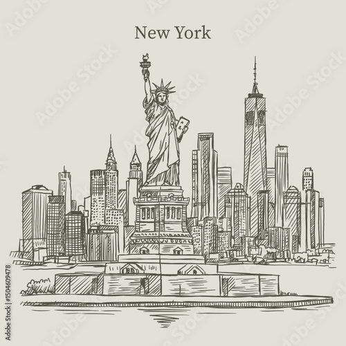Hand drawn sketch of the iconic New York City skyline featuring the Statue of Liberty