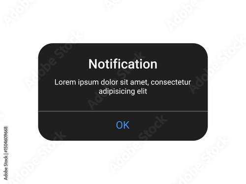 Dark notification pop up UI design with OK button on a transparent background for mobile app and web alert interface in a minimal modern style