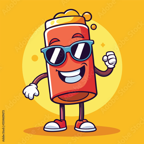 Cheerful cartoon beverage mascot wearing sunglasses smiling and celebrating on yellow background