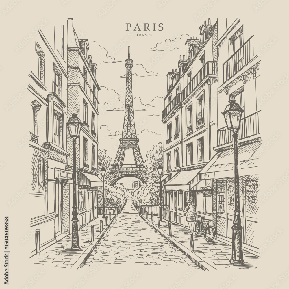 Fototapeta premium Monochrome illustration of a classic Paris street, featuring historic buildings and the Eiffel Tower