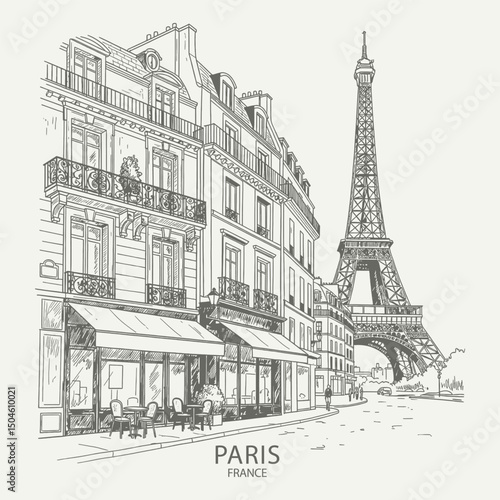 Hand drawn sketch of a charming Parisian Street scene with the iconic Eiffel Tower in the distance