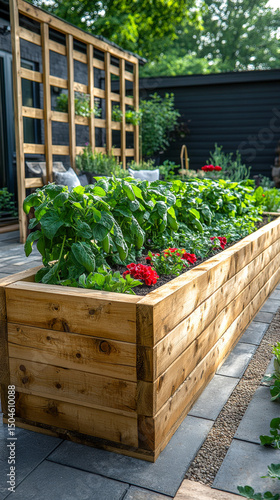 Raised bed garden design featuring a trellis for climbing plants in a serene outdoor space