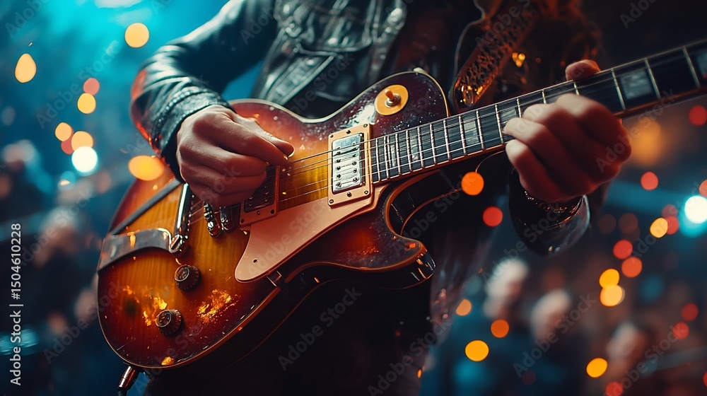 Obraz premium Rock and Roll: A guitarist passionately performing on stage with his electric guitar