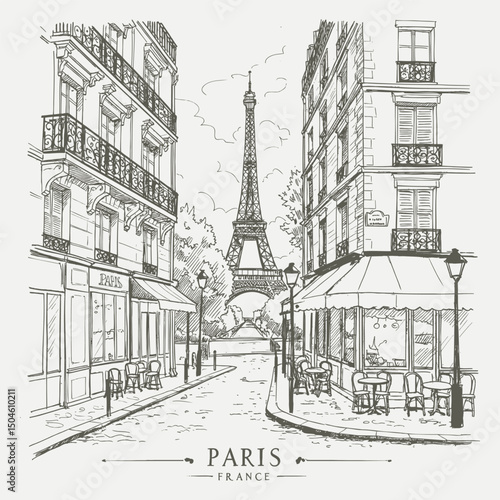 Vintage style drawing of a European cityscape in Paris, complete with cafes and the famous tower
