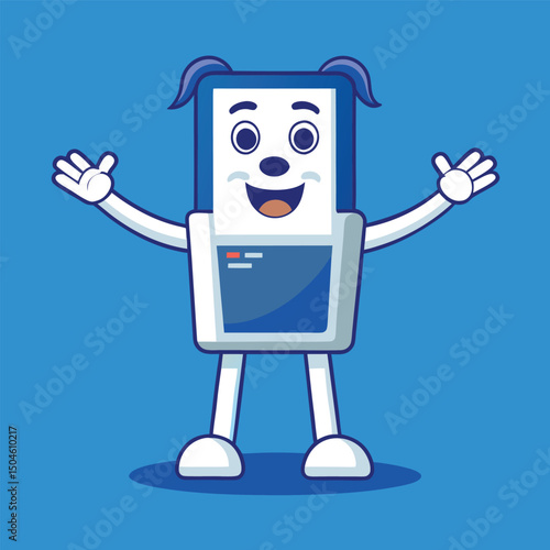 Cheerful cartoon character represents eraser with upbeat expression and outstretched arms on blue