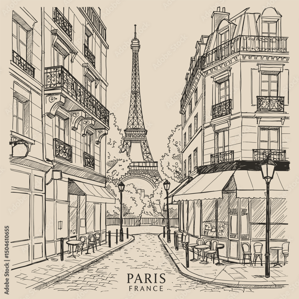 Fototapeta premium Vintage style illustration depicting a charming street view with the Eiffel Tower in Paris