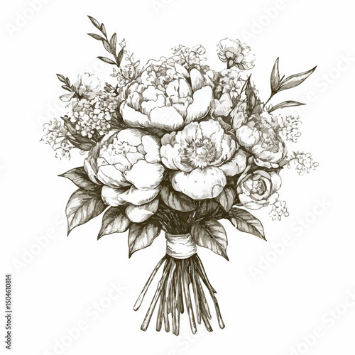 Bridal bouquet with ribbon, vintage floral ink sketch. Vector botanical wedding illustration.