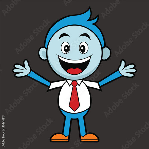 Cheerful cartoon character welcoming and excited with blue hair and smiling widely