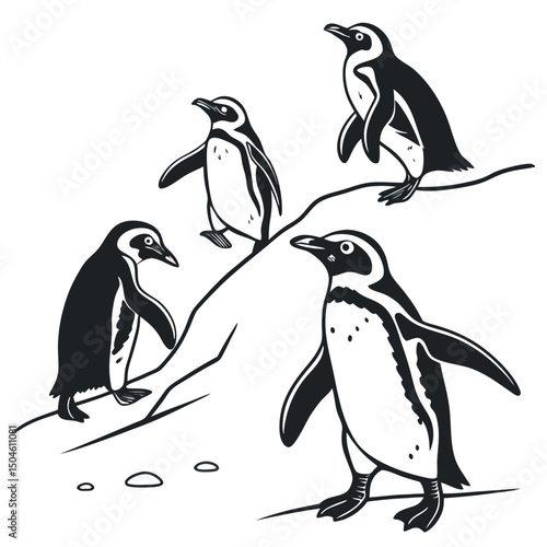 A playful cartoon illustration of baby penguins perched on a snowy branch in the arctic winter