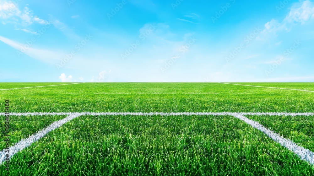 Obraz premium Lush Green Grass Field Under Bright Blue Sky with White Line Markings for Sports Activities or Outdoor Events