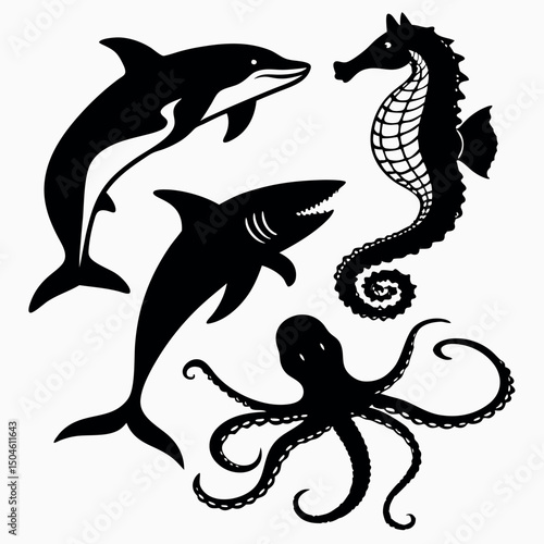 Black and white vector illustration set of diverse marine animals including fish, dolphins, and sharks, perfect for ocean life tattoo designs or nature-inspired logos