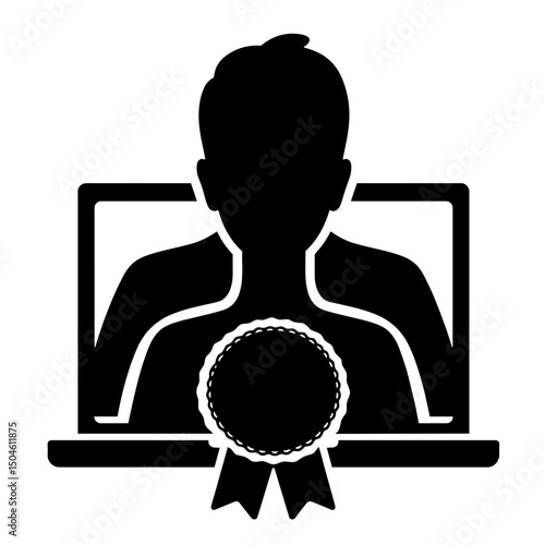 Profile with coding badge on screen, tech skill recognition in silhouette