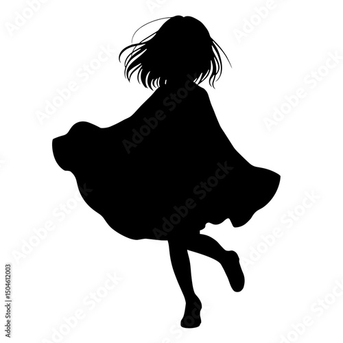Child spinning in cardigan, black silhouette of joyful movement