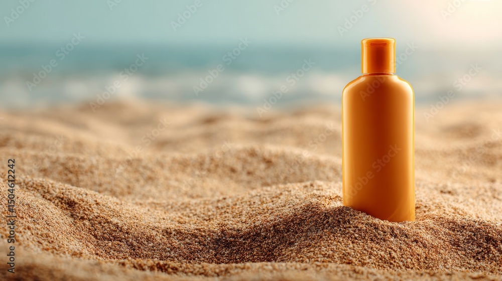 Empty sunscreen bottle on beach sand Empty sunscreen bottle on beach sand