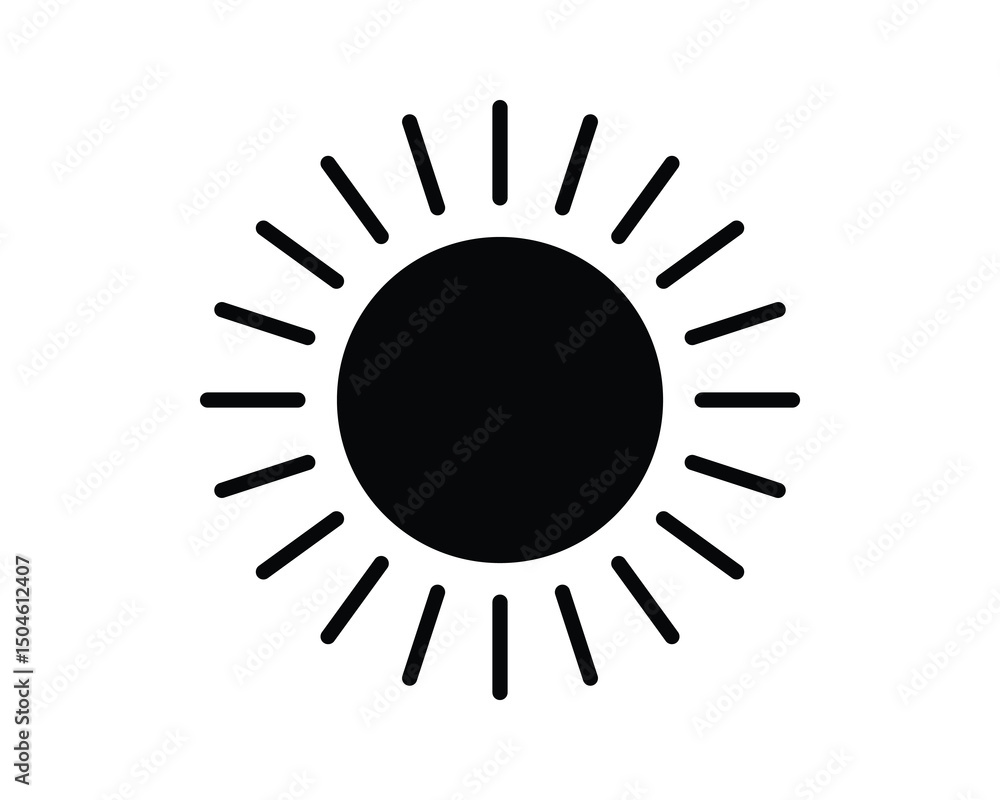 Simple sun icon, radiating light. Black silhouette against white. Perfect for weather, summer, energy concepts. Vector art for designs needing brightness. Simple sun icon, radiating light. Black silhouette against white. Perfect for weather, summer, energy concepts. Vector art for designs needing brightness.