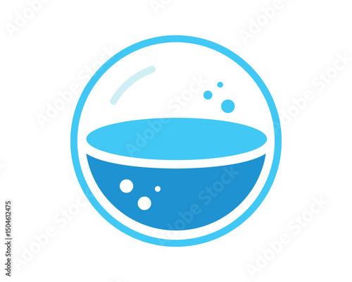 Modern graphic of a blue liquid inside a round container, evokes cleanliness, freshness, or simple solutions. Great for health, wellness, or creative services branding.