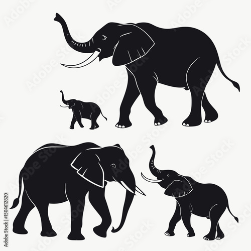 A collection of wild elephant animal silhouettes and illustrations featuring trunks and tusks on a white background