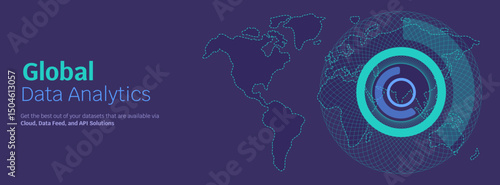 Abstract quantum big cloud global data network connection banner or header, circle fractals and world map for worldwide business and internet technology vector illustration in turquoise and purple