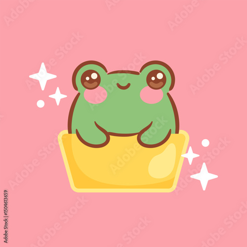 cute and funny kawaii frog in a yellow ice cream cup, surrounded by sparkling stars. Its cheerful expression and bright colors create a delightful and whimsical illustration perfect for joyful designs