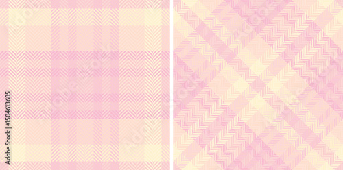 Pastel pink and yellow plaid and herringbone seamless patterns.  Perfect for textile design, fashion, branding, or website backgrounds.  Subtle texture adds visual interest.