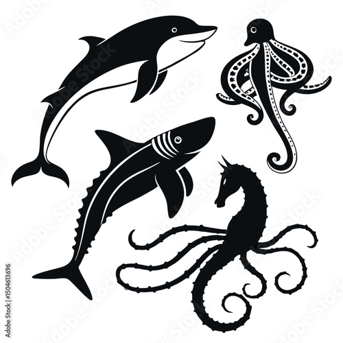 A vector illustration of a set of cartoon sea animals, including fish, dolphins, and sharks swimming in the ocean