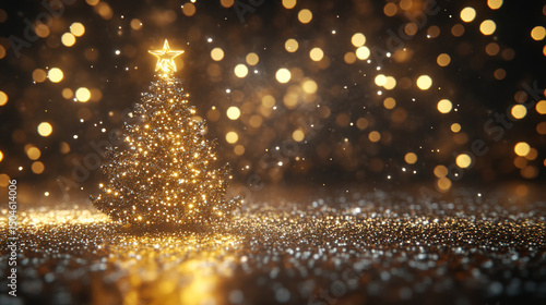 Decorated Christmas tree with lights, glitter ornaments, and festive gift box on sparkling background for holiday cards and seasonal designs

