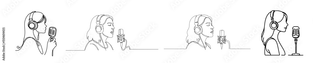 Girl in headphones with microphone illustrating vocal techniques in line drawing Girl in headphones with microphone illustrating vocal techniques in line drawing