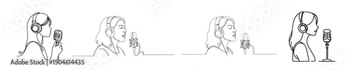 Girl in headphones with microphone illustrating vocal techniques in line drawing  