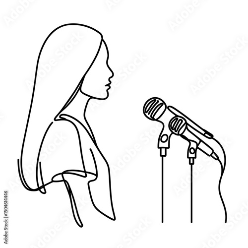 Woman singing next to microphones in line drawing style  