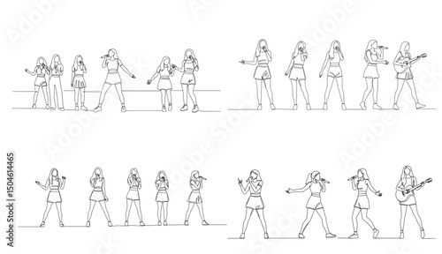 Group of girls performing on stage in line drawing with a single line without background  