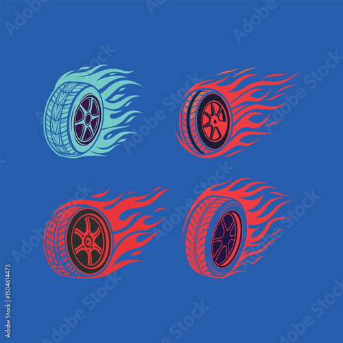 Flaming Wheels Set: Vector Illustration of Car Tires with Flames, Racing, and Speed.
