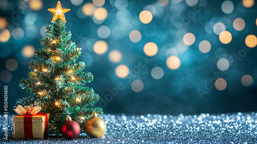 Decorated Christmas tree with lights, glitter ornaments, and festive gift box on sparkling background for holiday cards and seasonal designs

