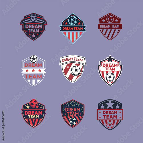 Nine Retro Football Team Logo Variations with Shields, Balls, and Stars.