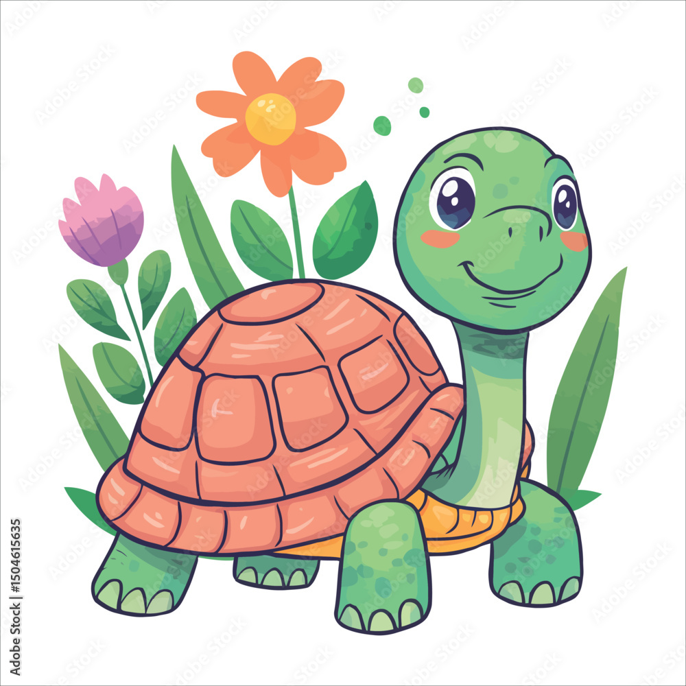 Obraz premium Cute cartoon green sea turtle vector illustration with a happy smile