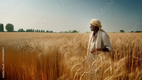 Mature farmer in traditional turban standing in vast golden wheat field at daytime, looking pensive in the rural countryside landscape.