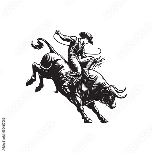 Bull Rodeo Showdown – Cowboy Riding a Bucking Bull in Action

